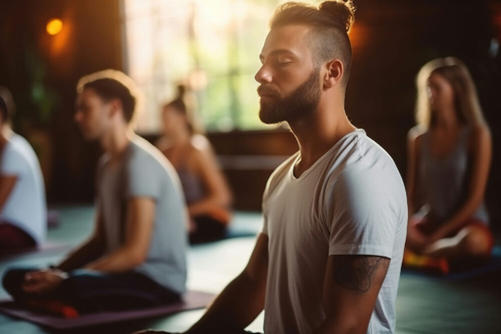 people practicing group meditation in recovery